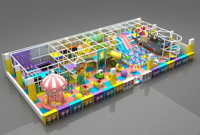 Aperçu 3D du parc : structures de jeux colorées, glissades et piscine à balles